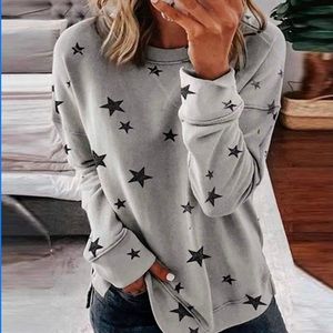 Women Gray Round Neck Long Sleeve Star Shirt